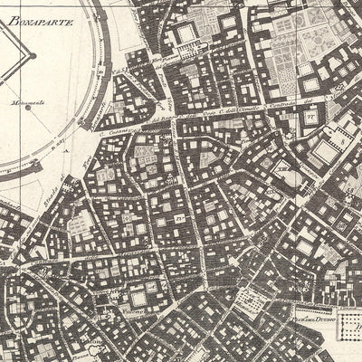 Ancienne carte de Milan par Pinchetti, 1801 : Forum Bonaparte, Citadelle, Canal Naviglio, Piazza del Duomo, Piazza della Scala