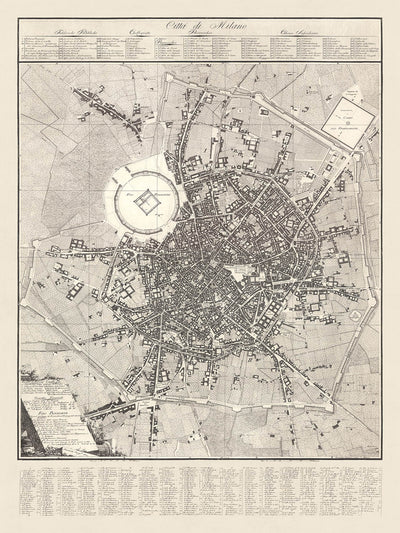 Old Map of Milan by Pinchetti, 1801: Foro Bonaparte, Citadel, Naviglio Canal, Piazzas