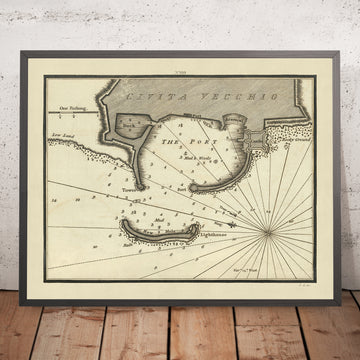Ancienne Civitavecchia, Italie Carte Nautique par Heather, 1802 : Port, Château, Phare 
