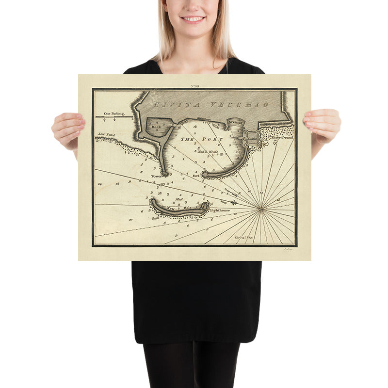 Altes Civitavecchia, Italien Nautische Karte von Heather, 1802: Hafen, Schloss, Leuchtturm 