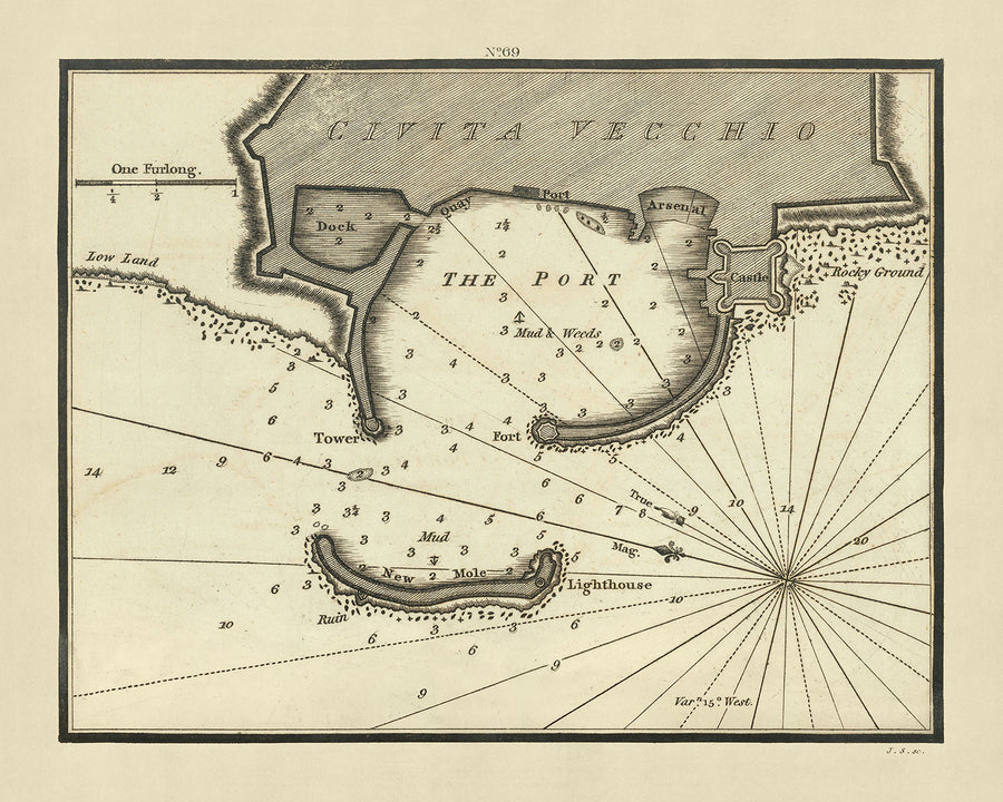 Altes Civitavecchia, Italien Nautische Karte von Heather, 1802: Hafen, Schloss, Leuchtturm 