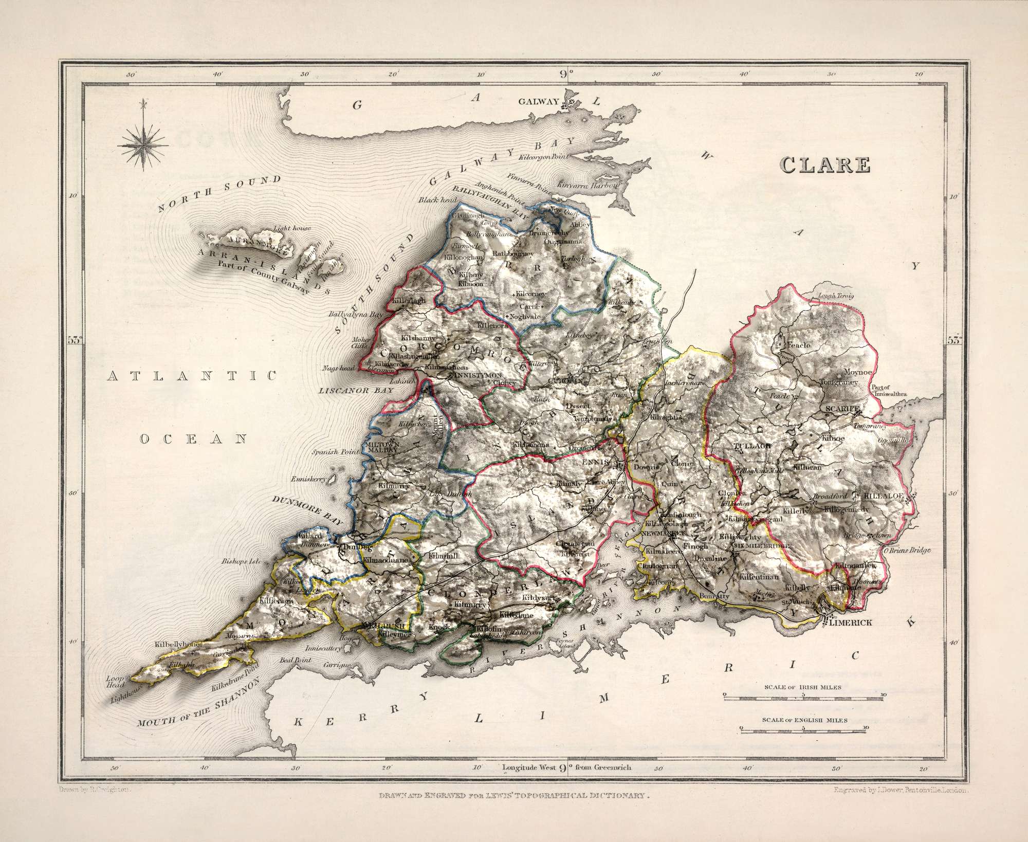 Old Map of County Clare by Samuel Lewis, 1844: Ennis, Kilrush, Shannon ...