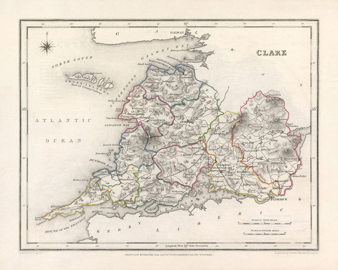 Ancienne carte du comté de Clare par Samuel Lewis, 1844 : Ennis, Kilrush, l'estuaire du Shannon, la péninsule de Loop Head et le paysage du Burren