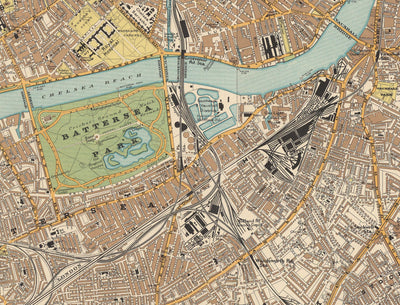 Ancienne carte de Londres par Stanford, 1905 : Buckingham Palace, St. Paul's, Thames, Houses of Parliament, Hyde Park