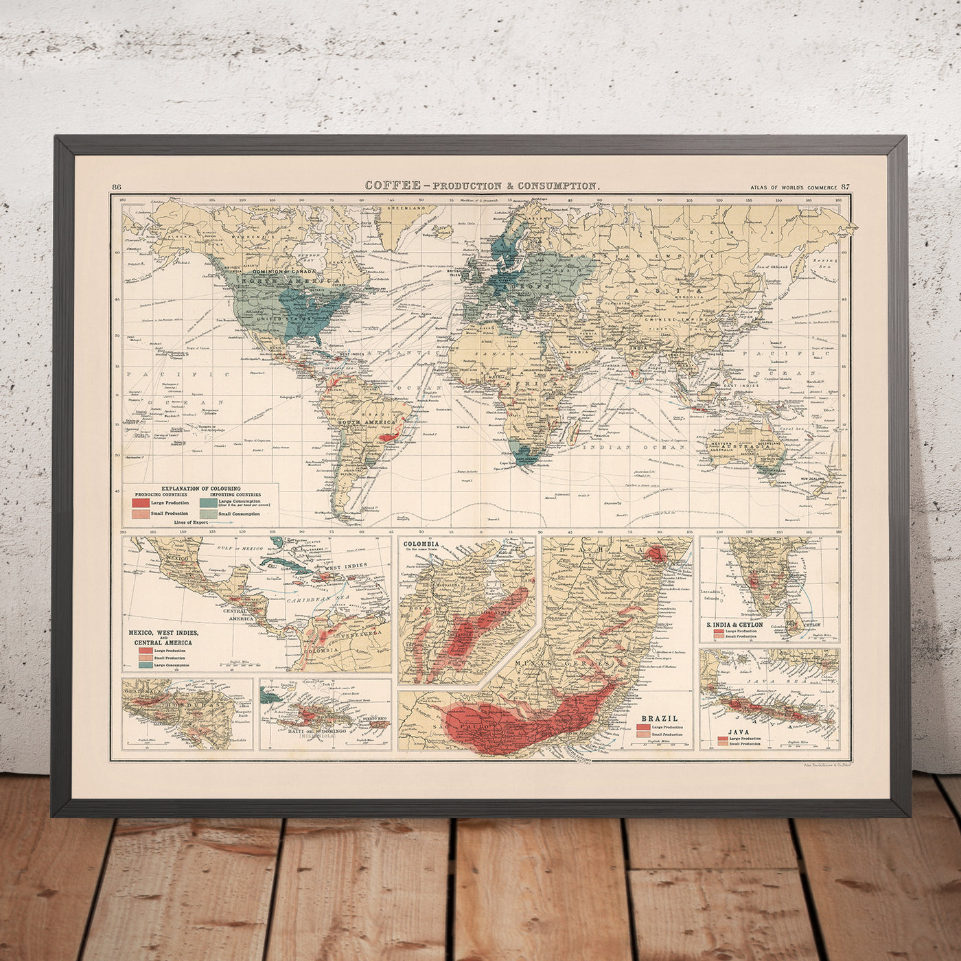 Production et consommation de café sur la carte de l'Ancien Monde par Bartholomew, 1907 : projection Mercator, routes commerciales mondiales, annotations historiques.