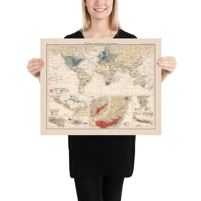 Alte Weltkarte der Kaffeeproduktion und des Kaffeekonsums von Bartholomäus, 1907: Mercator-Projektion, globale Handelsrouten, historische Anmerkungen.