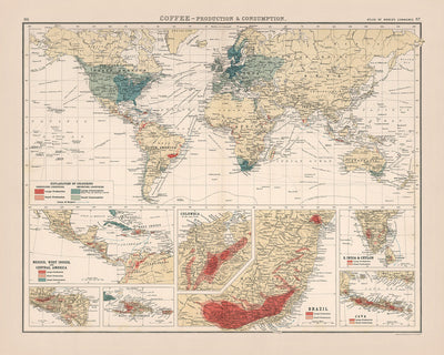 Old World Map of Coffee Production and Consumption, 1907: Global Trade Routes, Historical Annotations.
