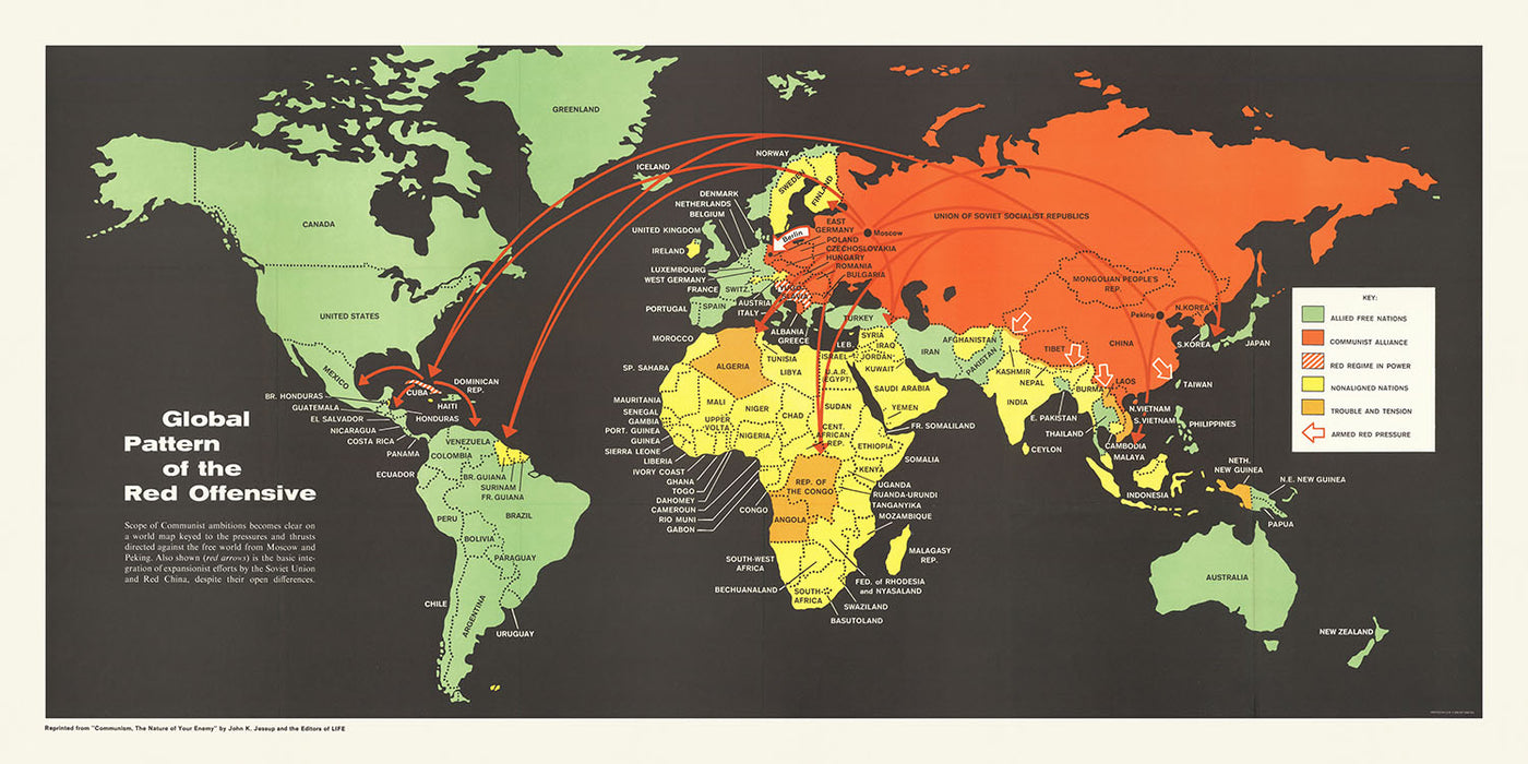 Mapa antiguo del mundo de la Guerra Fría, de Jessup, 1961: expansión comunista, naciones no alineadas, estilo propagandístico