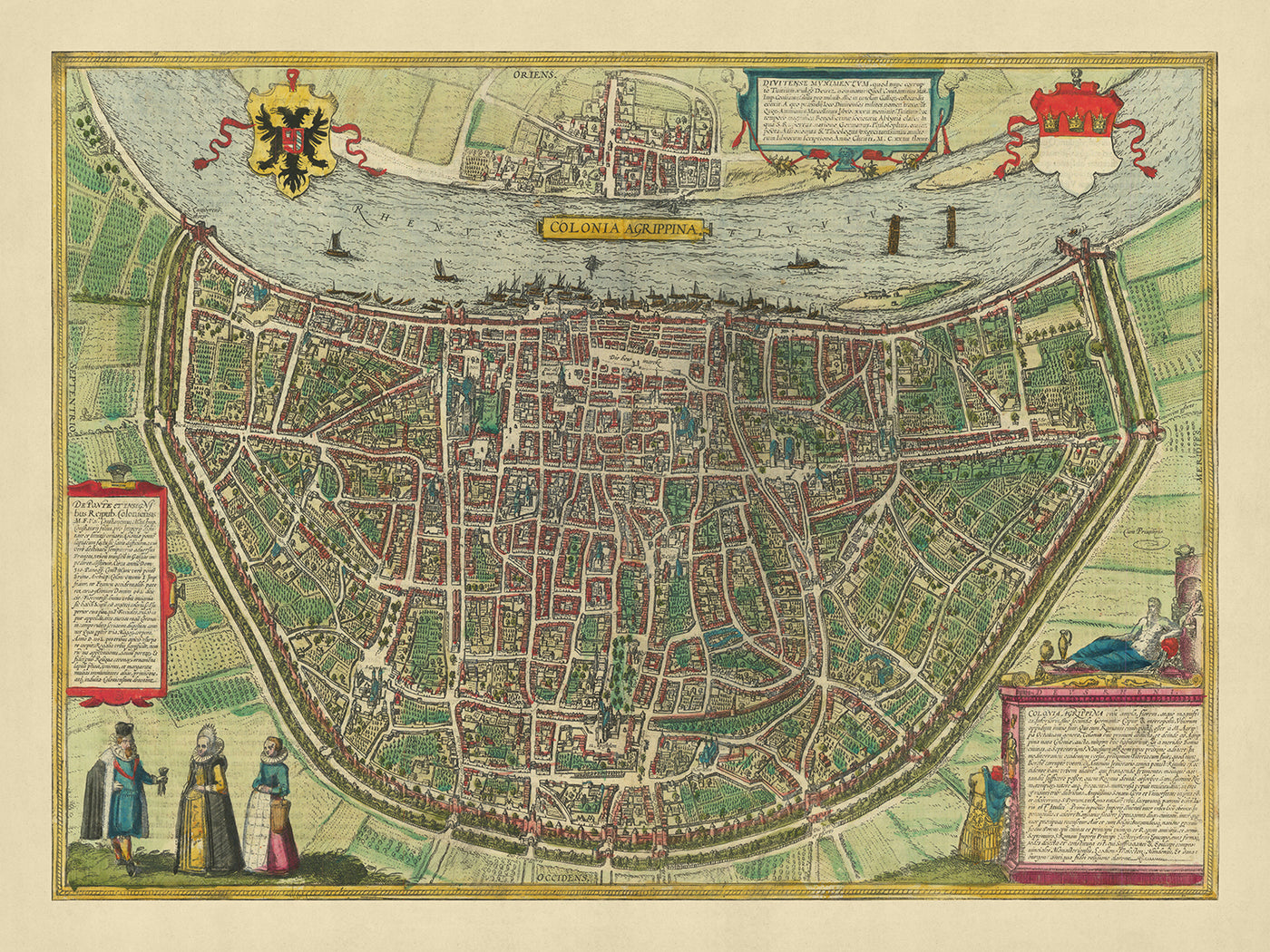 Antiguo mapa a vista de pájaro de Colonia por Braun, 1572: Catedral de Colonia, río Rin, Altstadt, Neustadt, Heumarkt