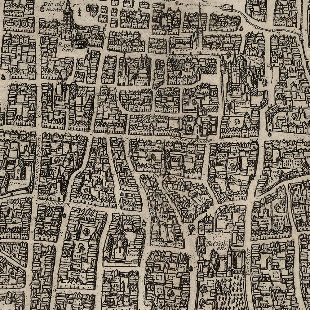 Alte Vogelperspektive-Karte von Köln von Braun, 1575: Dom, Rathaus, Heumarkt, Rhein, Stadtmauer