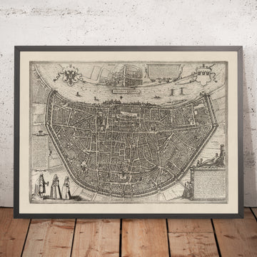 Old Monochrome Map of Cologne by Braun, 1575: Cathedral, Rathaus, Heumarkt, Rhine River, City Walls