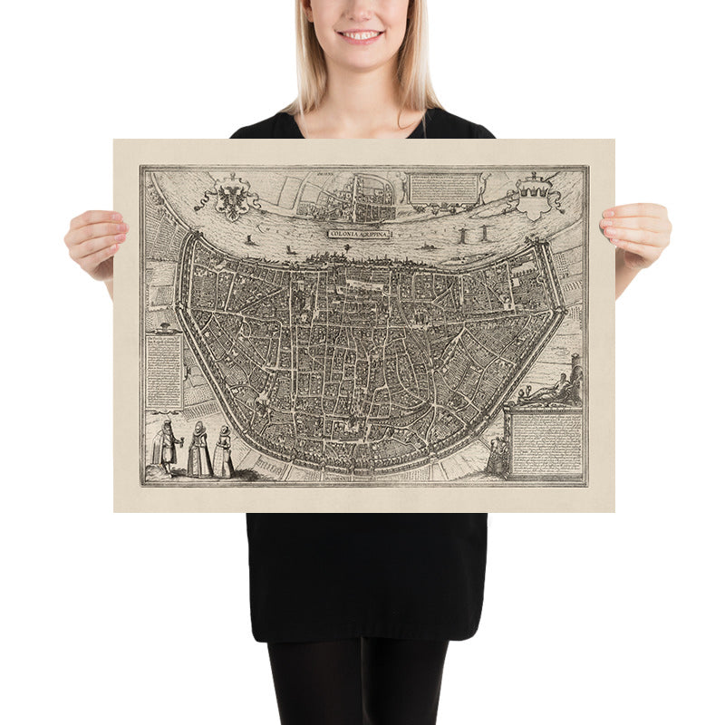 Antiguo mapa a vista de pájaro de Colonia por Braun, 1575: catedral, Rathaus, Heumarkt, río Rin, murallas de la ciudad