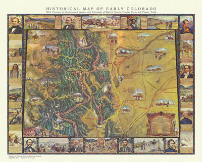 Ancienne carte de l'histoire du Colorado, 1949 : sentiers d'exploration de De Anza, découverte de l'or, forts frontaliers, sentiers de pionniers, portraits de dirigeants distingués