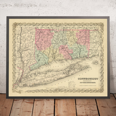 Ancienne carte du Connecticut et de Long Island par Colton, 1855 : New Haven, Hartford, Bridgeport, Stamford et New London