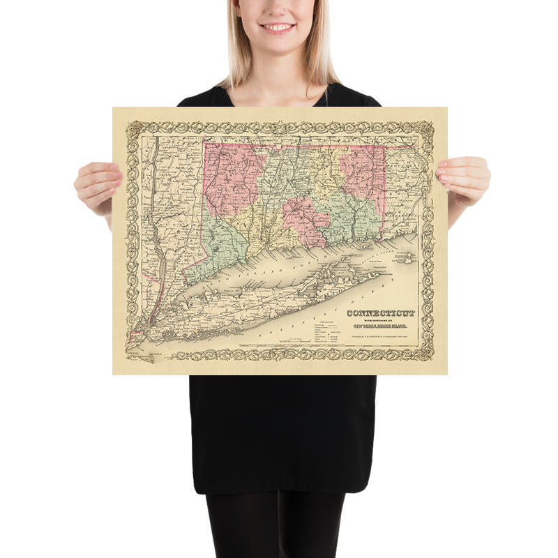 Mapa antiguo de Connecticut y Long Island de Colton, 1855: New Haven, Hartford, Bridgeport, Stamford y New London