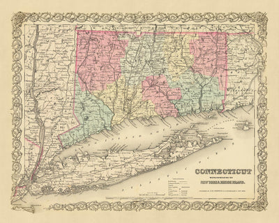 Ancienne carte du Connecticut et de Long Island par Colton, 1855 : New Haven, Hartford, Bridgeport, Stamford et New London