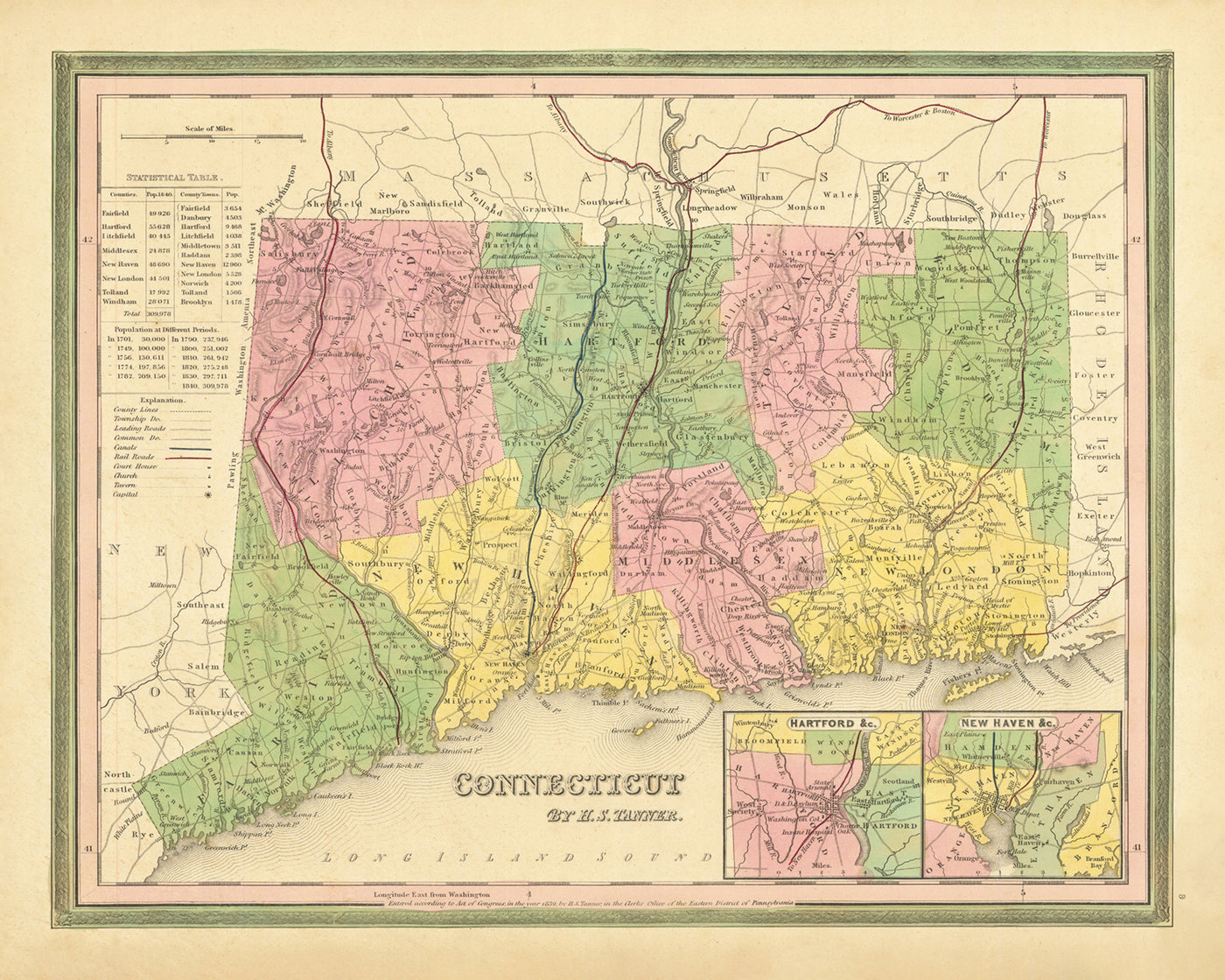 Mapa antiguo de Connecticut por HS Tanner, 1839: Hartford, New Haven, Litchfield, New London y Middletown
