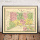Ancienne carte du Connecticut par HS Tanner, 1839 : Hartford, New Haven, Litchfield, New London et Middletown