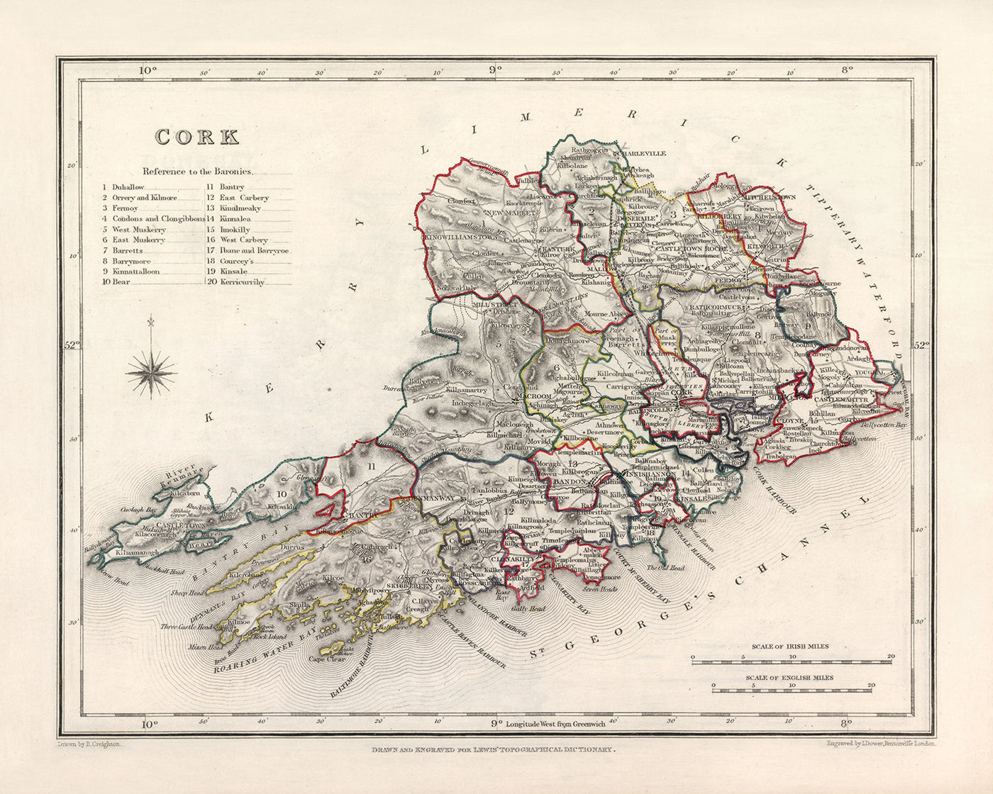 Ancienne carte du comté de Cork par Samuel Lewis, 1844 : Cobh, Kinsale, château de Blarney, Fota House, Mizen Head
