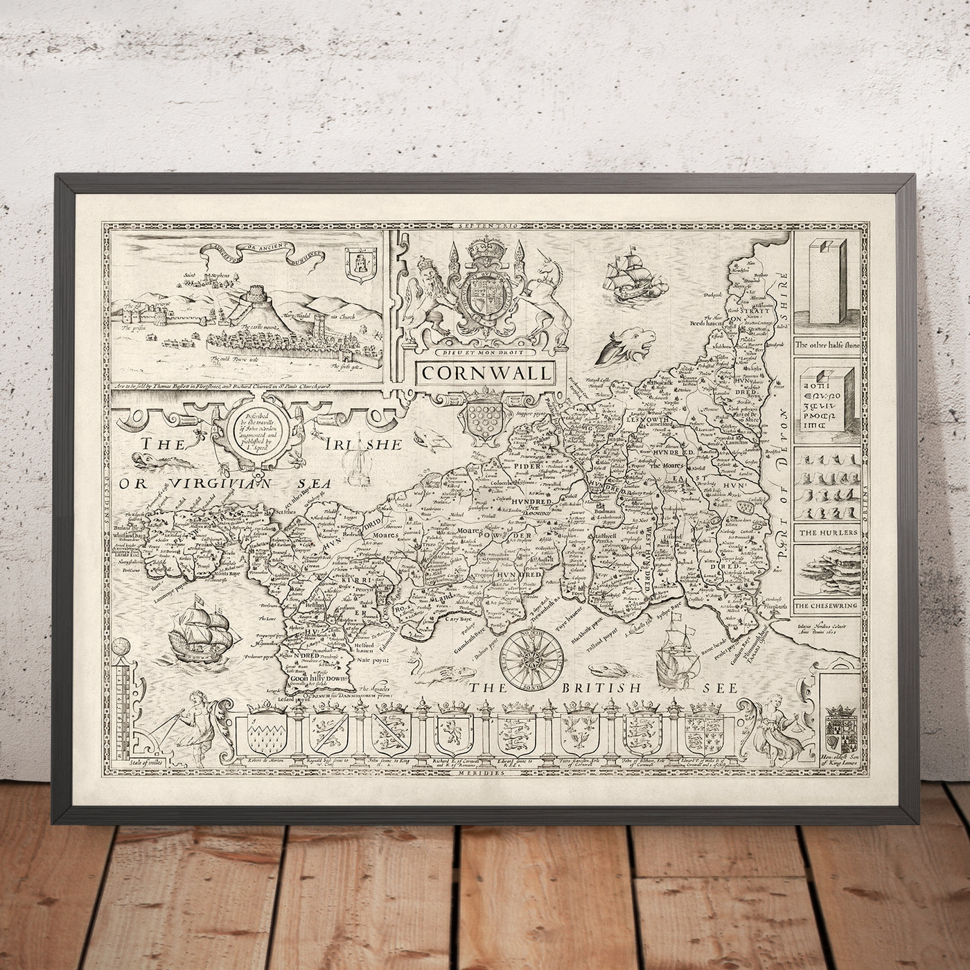 Old Map of Cornwall in 1611 by Speed - Penzance, St Ives, Plymouth, Lands End, Padstow
