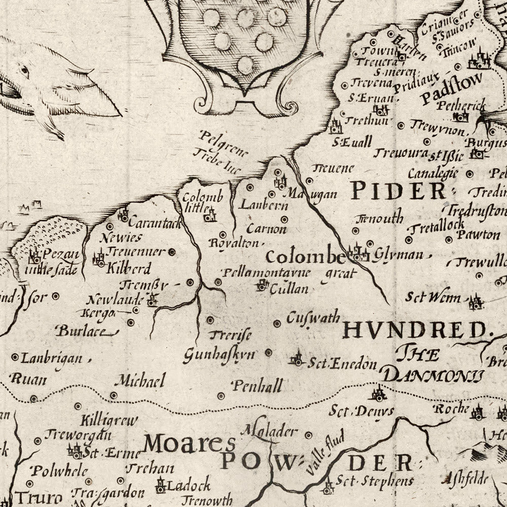 Old Map of Cornwall in 1611 by Speed - Penzance, St Ives, Plymouth, Lands End, Padstow