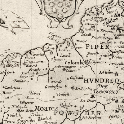 Old Map of Cornwall in 1611 by Speed - Penzance, St Ives, Plymouth, Lands End, Padstow