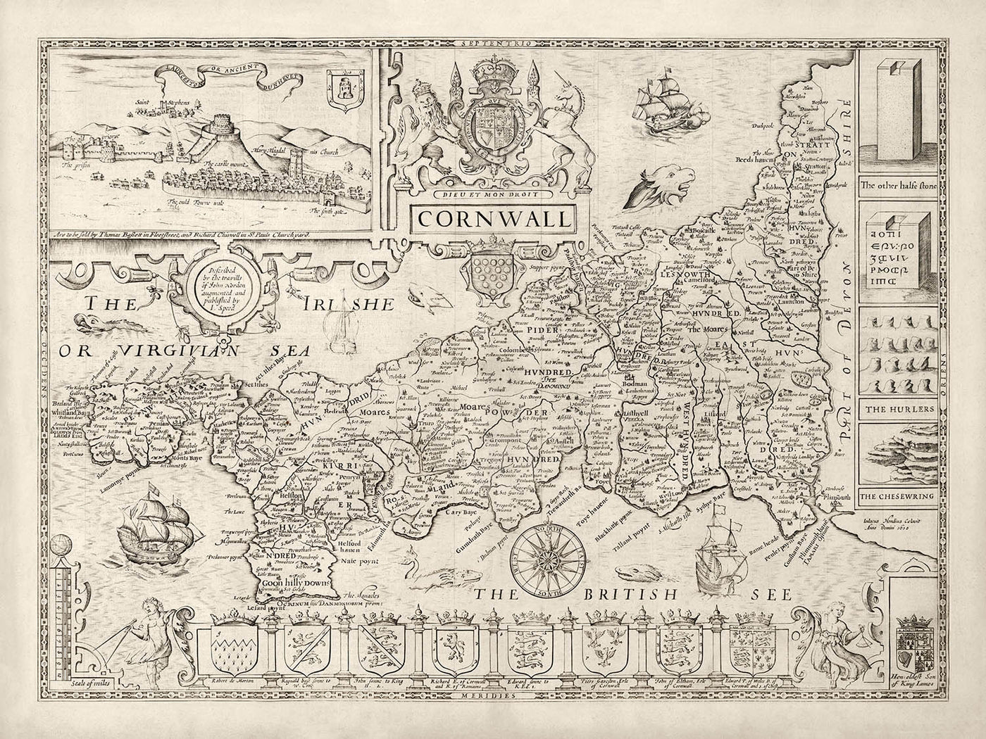 Old Map of Cornwall in 1611 by Speed - Penzance, St Ives, Plymouth, Lands End, Padstow