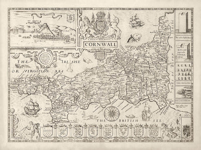 Old Map of Cornwall in 1611 by Speed - Penzance, St Ives, Plymouth, Lands End, Padstow