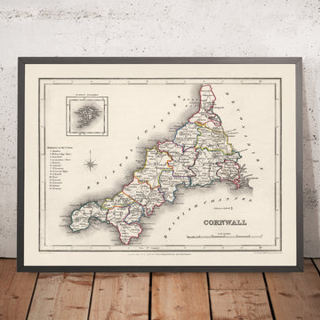 Ancienne carte de Cornwall par Samuel Lewis, 1844 : St Austell, Truro, Falmouth, Penzance et Newquay 