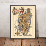 Ancienne carte picturale de la Corse par Liozu, 1951 : Ajaccio, Corte, Bastia, Napoléon, montagnes 