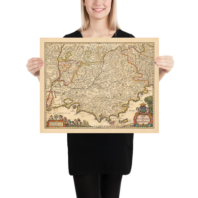 Antiguo mapa de Provenza, Francia por Visscher, 1690: Marsella, Aviñón, Cannes, Niza, Parc national des Calanques