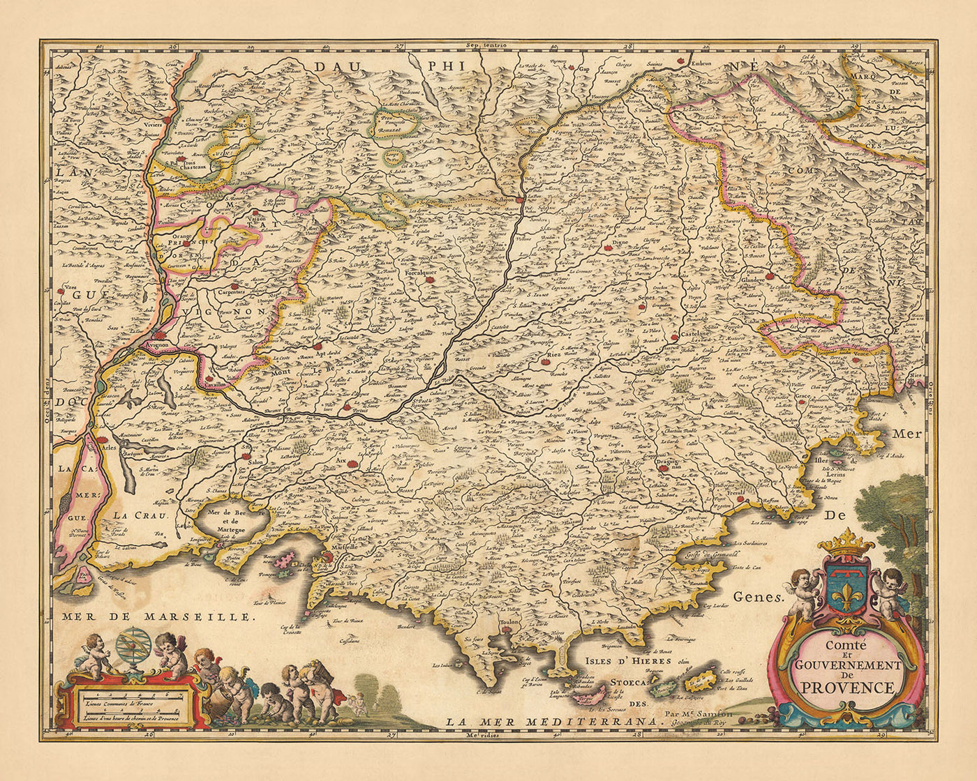 Antiguo mapa de Provenza, Francia por Visscher, 1690: Marsella, Aviñón, Cannes, Niza, Parc national des Calanques