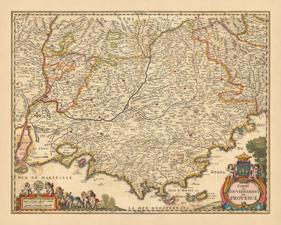 Old Map of Provence, France by Visscher, 1690: Marseille, Avignon, Cannes, Nice, Parc national des Calanques