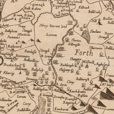 Ancienne carte du comté de Carlow : Petty, 1685 : Carlow, Tullow, Leighlinbridge, Hacketstown, Borris