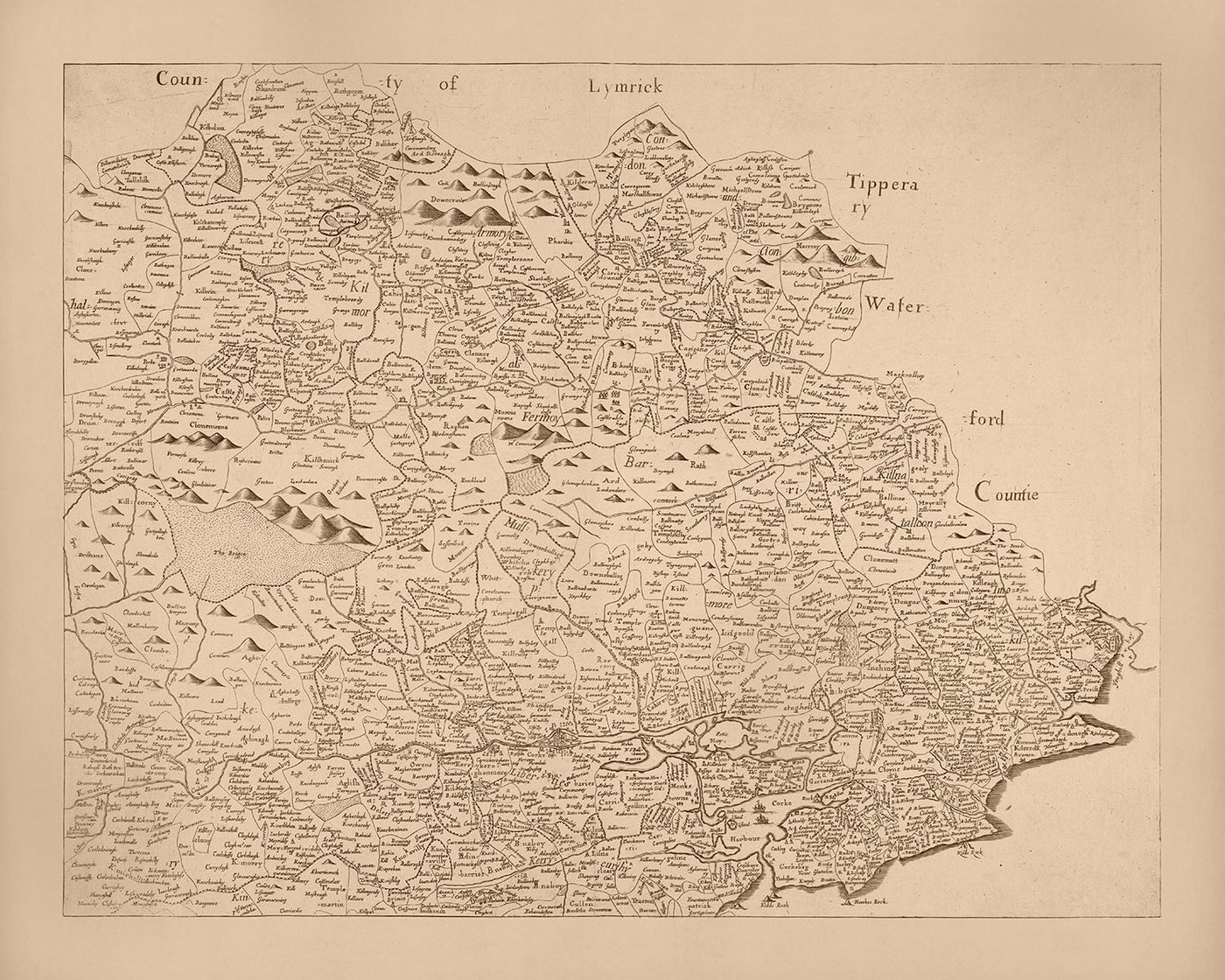 Old Map of County Cork by Petty, 1685: Kinsale, Bandon, Clonakilty, Bantry, Skibbereen