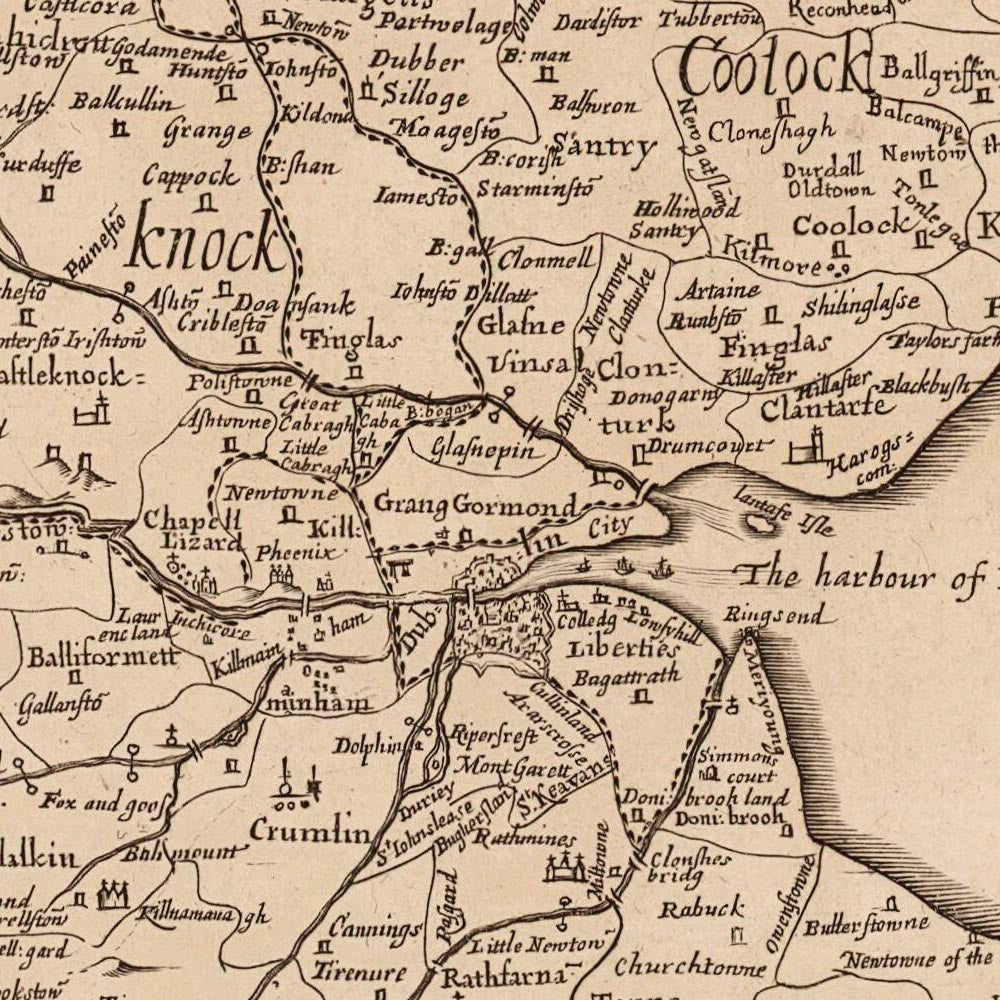 Ancienne carte du comté de Dublin par Petty, 1685 : Dublin, Swords, Malahide, Phoenix Park, St. Stephen's Green