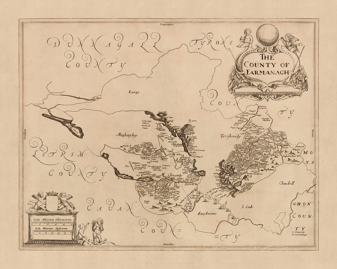 Alte Karte der Grafschaft Fermanagh von Petty, 1685: Enniskillen, Castle Coole, Crom Estate, Florence Court, Lough Erne