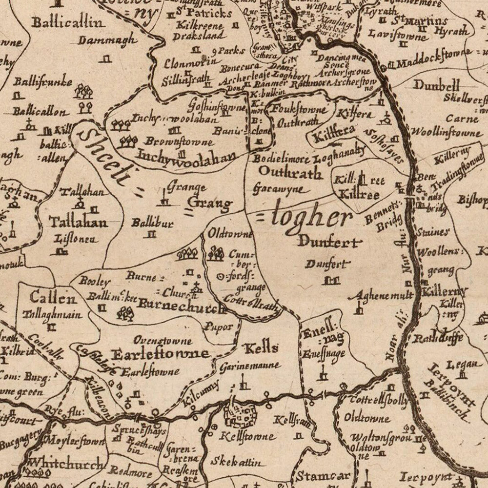 Alte Karte der Grafschaft Kilkenny von Petty, 1685: Kilkenny, Callan, Thomastown, Jerpoint Abbey, Black Castle