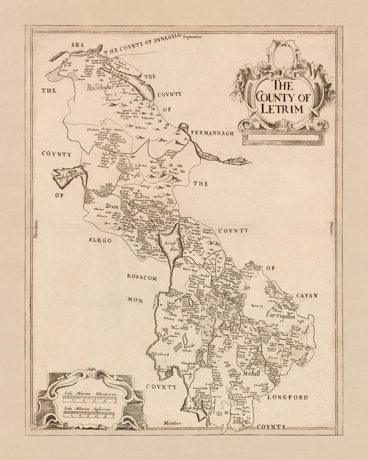 Ancienne carte du comté de Leitrim par Petty, 1685 : Carrick-on-Shannon, Jamestown, Leitrim, enquête vers le bas, données politiques et physiques détaillées