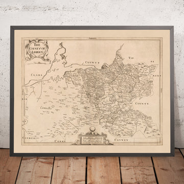 Ancienne carte du comté de Limerick par Petty, 1685 : Limerick, Newcastle West, Rathkeale, le château du roi Jean, le château de Desmond