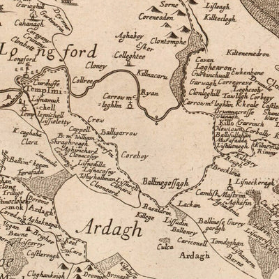 Ancienne carte du comté de Longford par Petty, 1685 : Longford, Lanesborough, Ballymahon, Edgeworthstown, Abbeyshrule