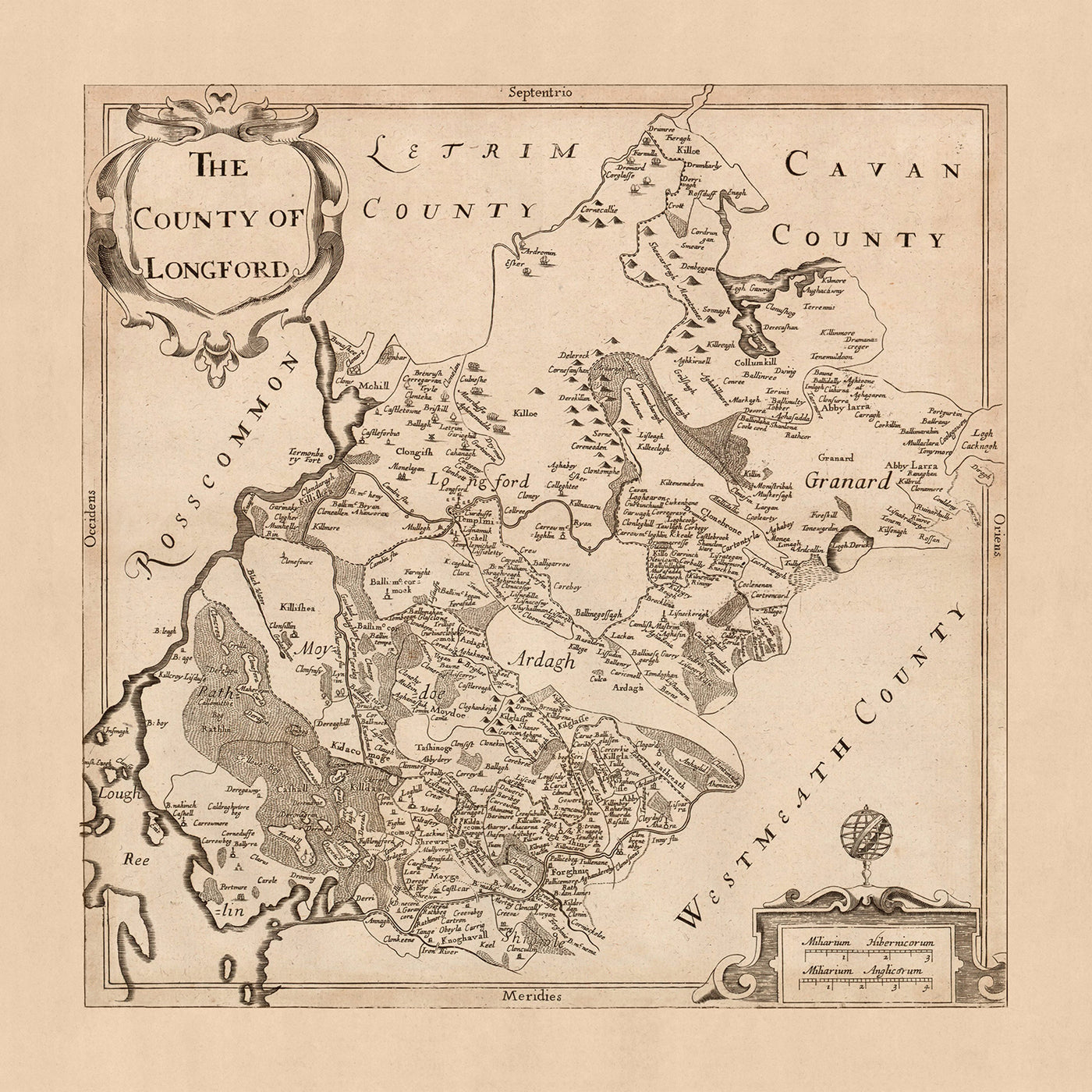 Alte Karte der Grafschaft Longford von Petty, 1685: Longford, Lanesborough, Ballymahon, Edgeworthstown, Abbeyshrule