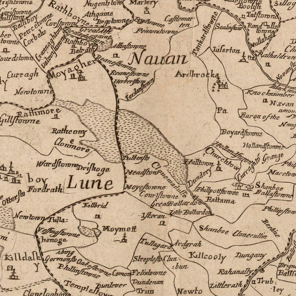 Old Map of County Meath (East Meath) by Petty, 1685: Trim, Navan, Kells, Ashbourne, Drogheda, Skerries