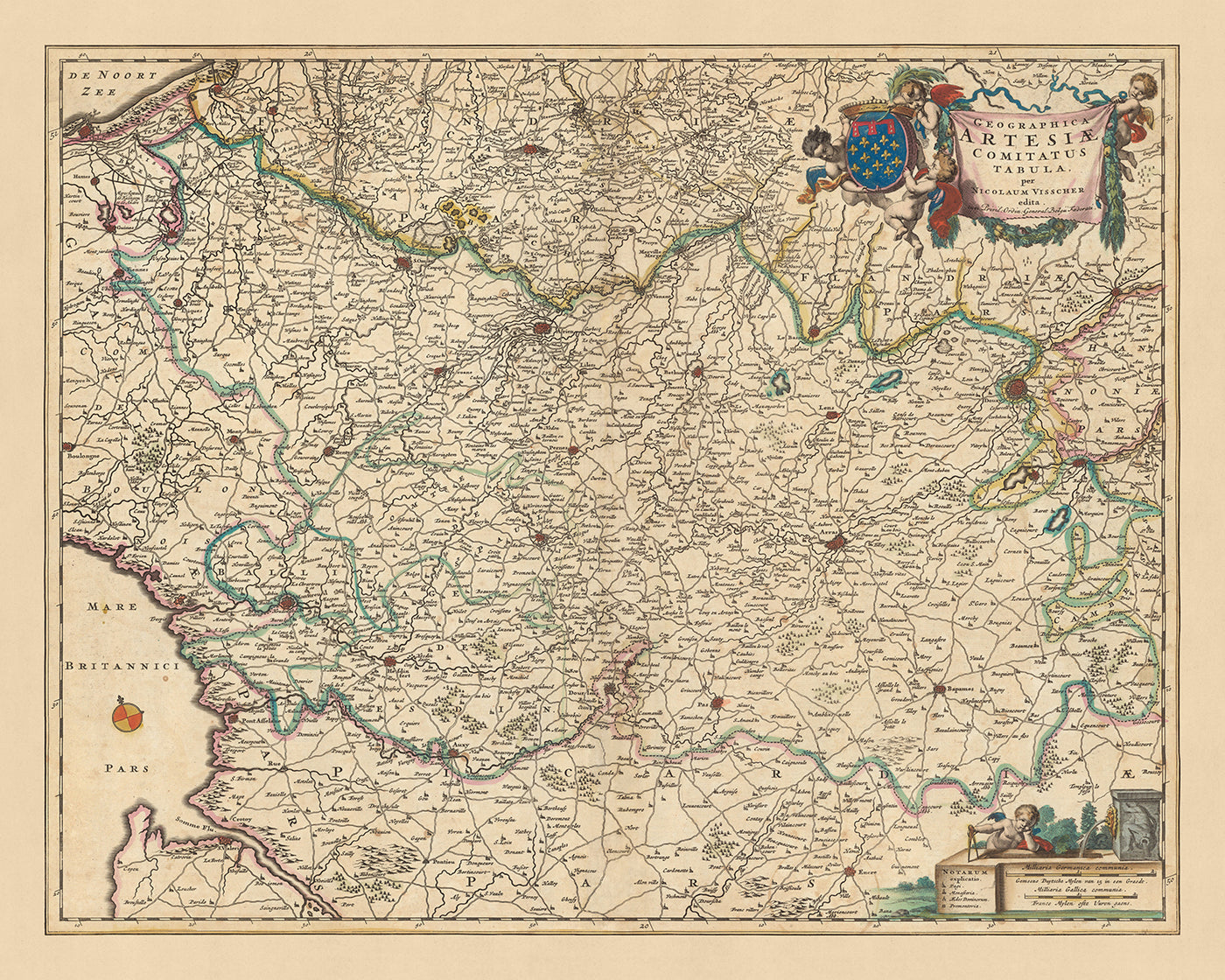 Carte ancienne du Comté d'Artois par Visscher, 1690 : Calais, Arras, Béthune, Douai, Parc des Caps et Marais d'Opale