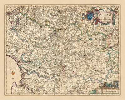 Mapa antiguo del condado de Artois por Visscher, 1690: Calais, Arras, Béthune, Douai, Caps et Marais d'Opale Park