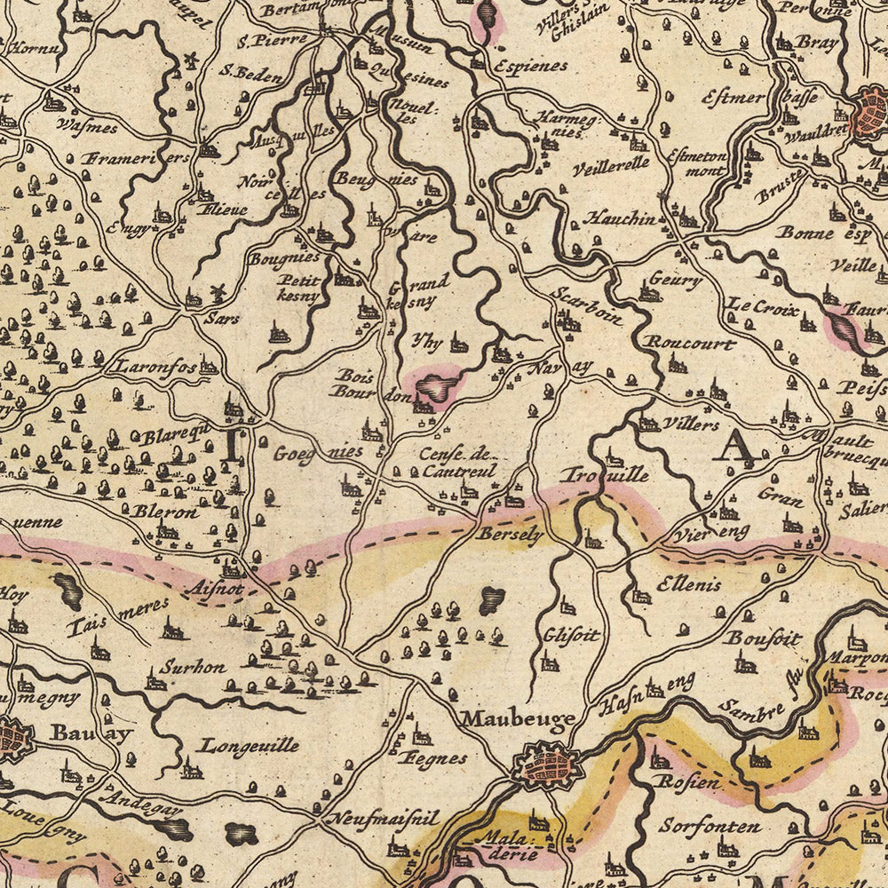 Mapa antiguo del condado de Hainaut y arzobispado de Cambrai por Visscher, 1690: Charleroi, Mons, Cambrai, Parc l'Avesnois, Parque Scarpe-Escaut