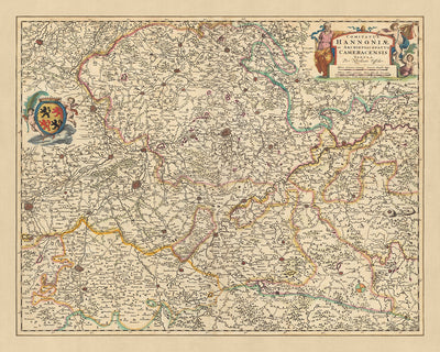 Mapa antiguo del condado de Hainaut y arzobispado de Cambrai por Visscher, 1690: Charleroi, Mons, Cambrai, Parc l'Avesnois, Parque Scarpe-Escaut