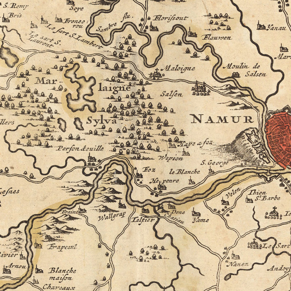 Mapa antiguo del condado de Namur por Visscher, 1690: Charleroi, Dinant, Sambreville, Huy, Gembloux