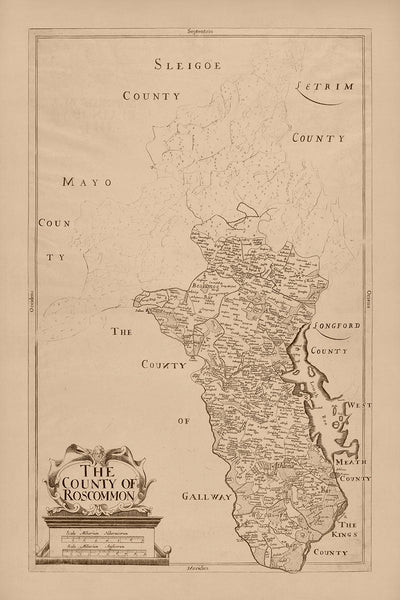 Mapa antiguo del condado de Roscommon por Petty, 1685: Athlone, Boyle, Roscommon, Strokestown, detallado político y físico