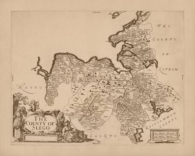 Alte Karte der Grafschaft Sligo von Petty, 1685: Sligo, Knocknarea, Lough Gill, Benbulben, Ox Mountains